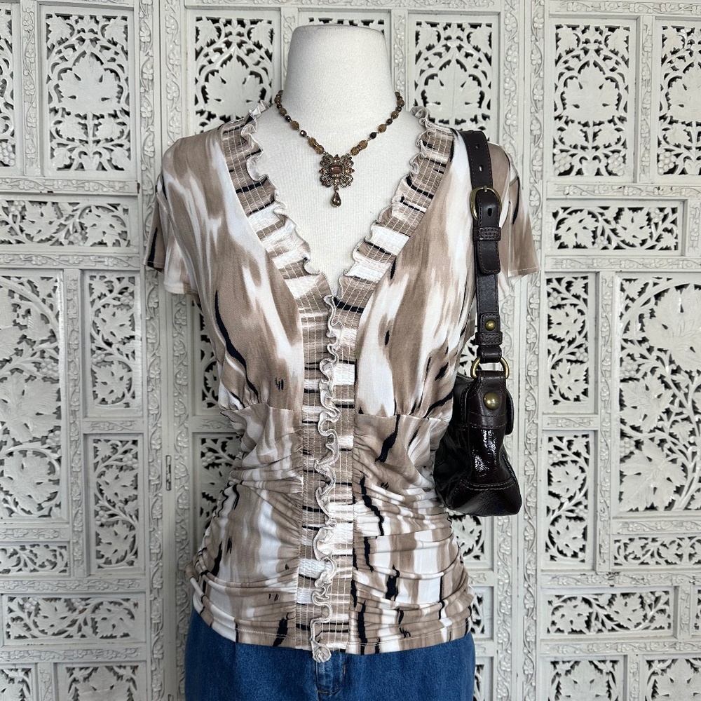 Antonio Melani Brown & White V Neck‎ Ruched Ruffle Short Sleeve Blouse Sz Small